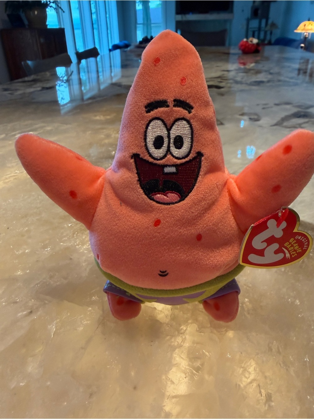 Ty Patrick Star Plush - Coral Pink with Green & Purple Shorts